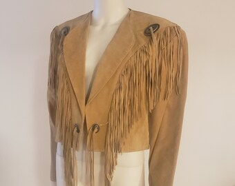 SCULLY short cropped tan suede leather fringe jacket coat w/ conchos L 14 western southwestern cowgirl cowboy rodeo ranchwear rockabilly