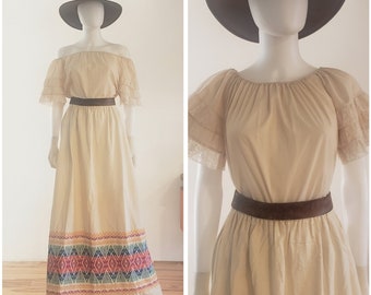 vintage 70s 1970's southwestern set outfit off the shoulder lace trim top blouse with woven cotton embroidered Guatemalan skirt M western