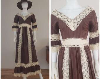 vintage 60s 1960's handmade Mexican pintuck brown maxi wedding dress crochet trim and bell sleeves M Mexico southwestern western boho hippie