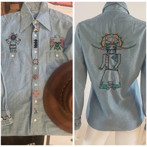 Vintage 70s 1970's embroidered denim chambray western southwestern KACHINA shirt top S M Native American hippie boho cowgirl cowboy desert