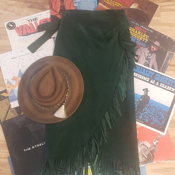 vintage dark hunger green maxi leather wrap skirt w/ fringe CEDARS M western southwestern cowgirl cowboy rodeo ranch ranchwear Yellowstone