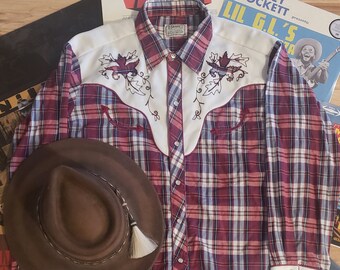 vintage H BAR C HBARC plaid pearl snap shirt top embroidered leaf yoke arrow pockets L XL 48in chest cowgirl cowboy western rodeo rockabilly