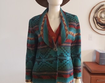 vintage Coldwater Creek turquoise aqua teal woven western blazer jacket w/ Aztec southwestern designs S cowgirl cowboy rodeo ranchwear