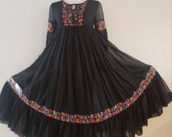 vintage iconic Beverly Paige black embroidered 70s 1970's high empire waist full skirt maxi dress gown gauzy cotton XS hippie hippy boho