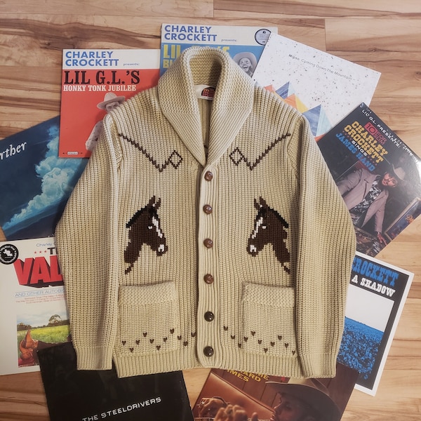 vintage NEAR MINT 70s 1970's MILLER outerwear shawl collar horse cardigan sweater M western wear cowgirl rodeo cowboy southwestern cowichan