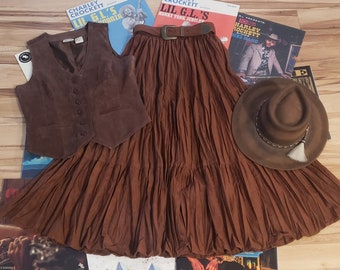 vintage 2pc cowgirl western set outfit brown suede leather vest top w/ ultra suede tiered crinkle skirt S southwestern rodeo cowboy