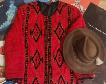 vintage MINT aztec red black gold metallic lurex plush chenille sweater jacket cardigan blazer L made in India western southwestern cowgirl