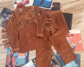 vintage DIAMOND LEATHERS 2 pc western leather suede outfit set suit pantsuit XS S fringe top shirt straight leg pants cowgirl southwestern