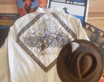 vintage 70s 1970's KENNINGTON ROCKING K RANCHWEAR quilted western shirt L 44in chest bull riding rodeo scene southwestern cowgirl cowboy