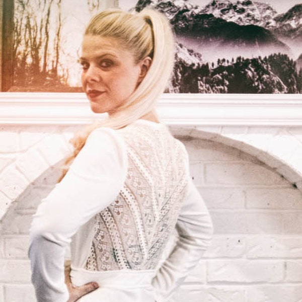 VINTAGE 70s 1970s winter white wedding wide leg bell bottom backless jumpsuit with peekaboo lace open back S M hippie boho bohemian