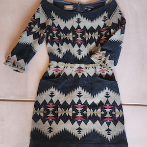 black and white aztec print trim long sleeve mini dress Asymmetrical satin-finish dress with Brunch Outfits Color:BLUE REVIVAL May be worn with