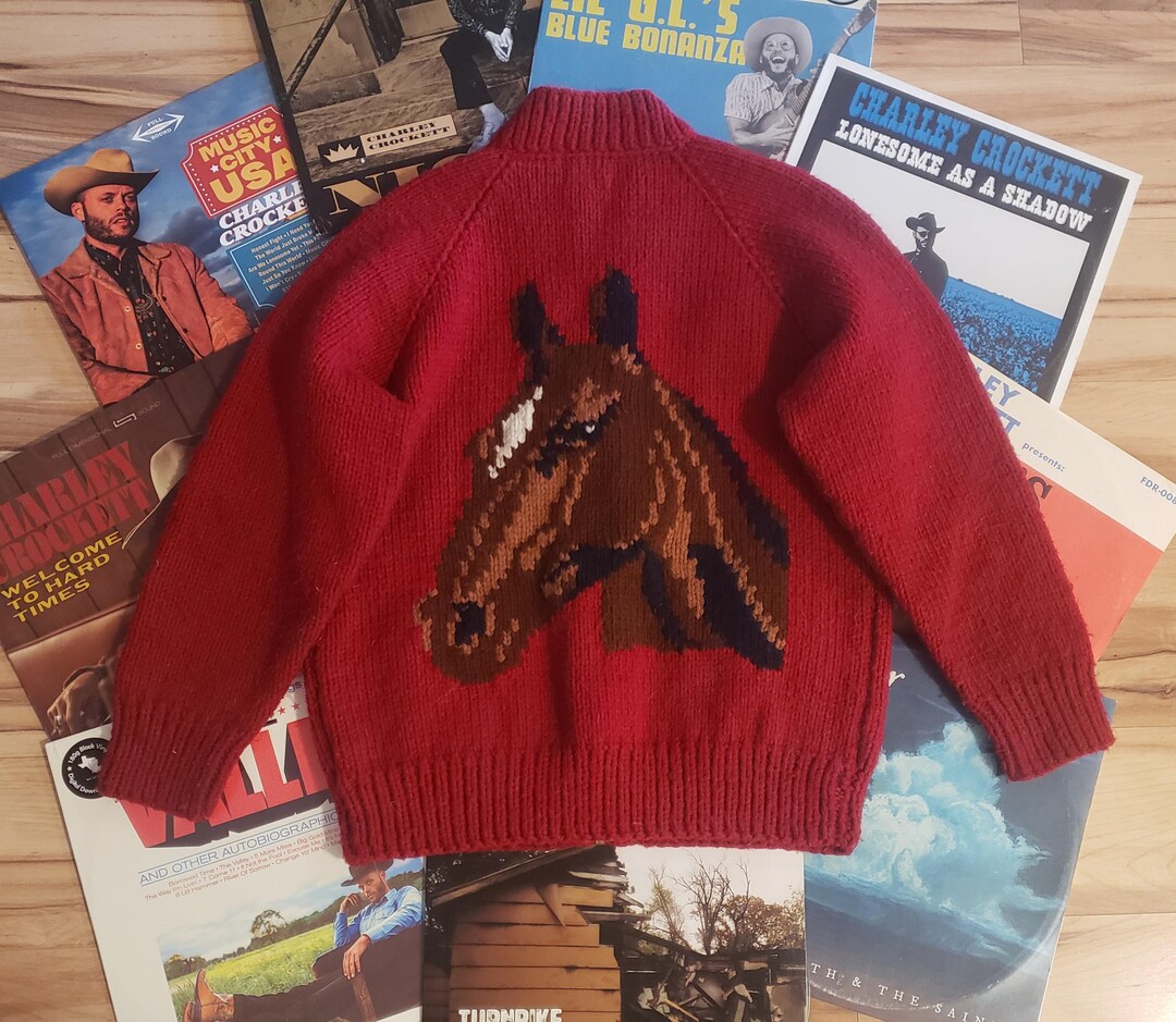 Retro Rodeo Cardigan Vintage Handmade 50s 60s Horse Head and Horseshoe Chunky Red Cardigan ...