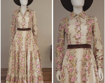 vintage 70s 1970's CALIFORNIA CALLIOPE  heavy cotton floral cabbage rose full skirt western prairie maxi dress XS waist cowgirl ranchwear