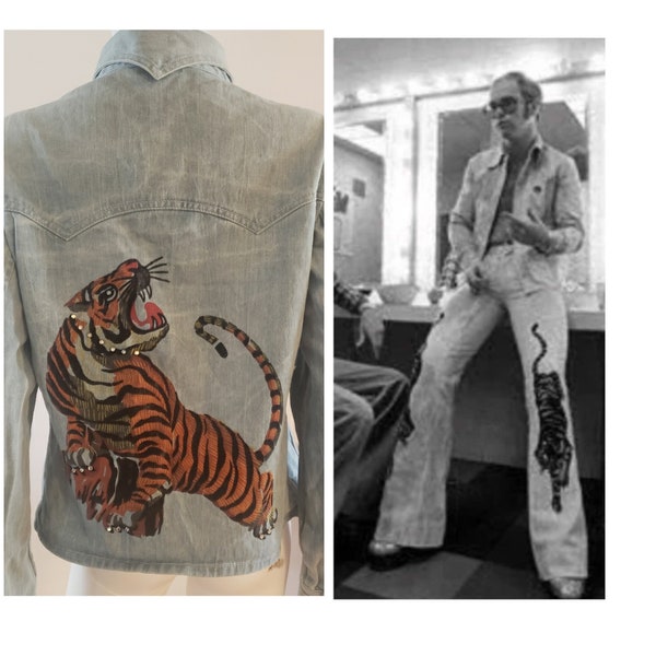 RARE COLLECTOR'S vintage 70s 1970's Faded Glory painted flocked tiger artwork denim jean shirt jacket rhinestones glam hippie rocker rock