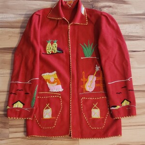 vintage 50s 60s red felt Mexican tourist souvenir jacket blazer with embroidered village designs S M Mexico southwestern western rockabilly image 2