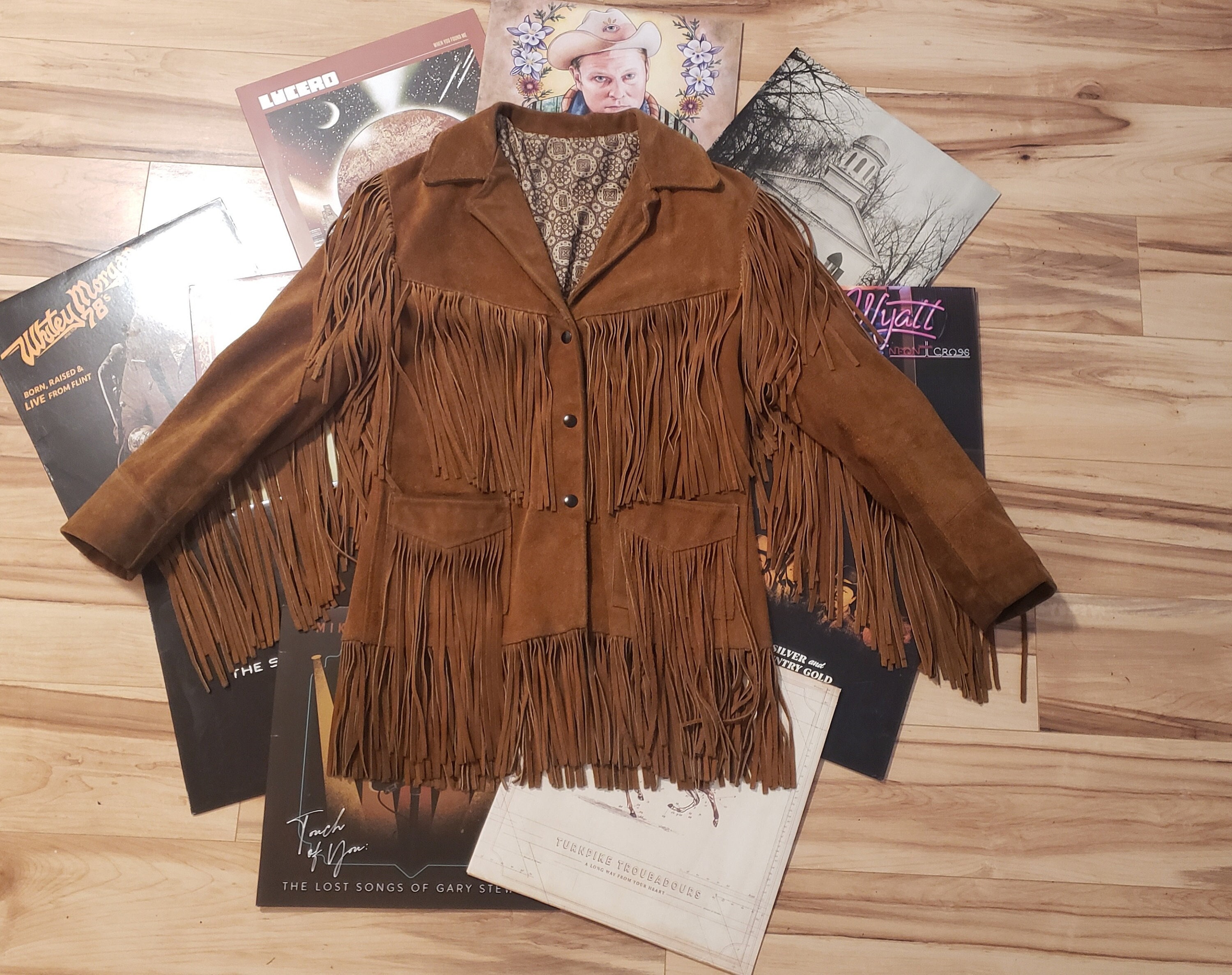 Vintage 70s 1970's Joo Kay Brown Suede Leather Fringe Jacket Coat