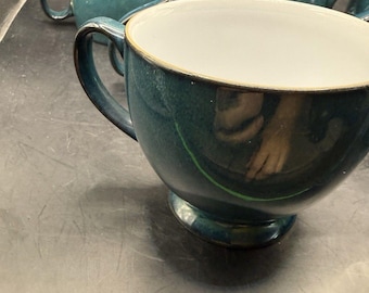 Denby England Teal Stoneware Cups Set of 8  Vintage Footed Mugs 4 Tall
