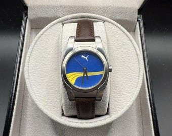 Puma PL3001 Mens Blue Yellow Dial Watch  New Battery & New Band VTG