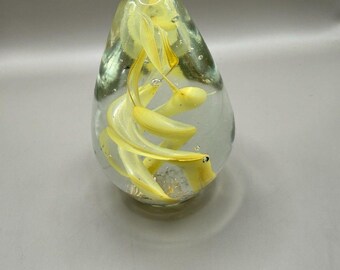Vintage Handblown Yellow Swirl Glass Paperweight - Controlled Bubbles
