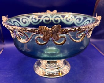 Vintage Silver-Plated Ink Blue Glass Centerpiece Tazza Bowl with Butterfly Detail - like new open box