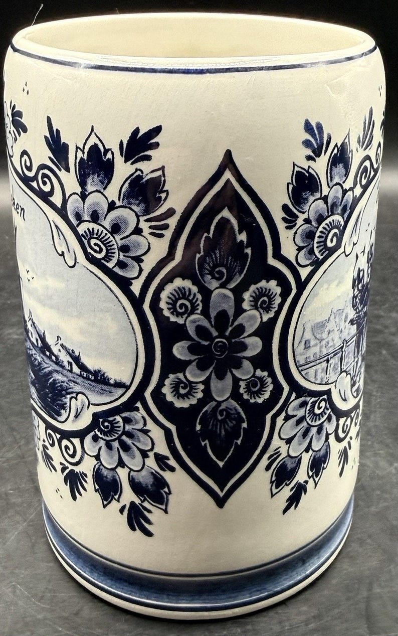 Jarra de cerveza Heineken vintage pintada a mano en azul Delft, fabricada en Holanda. imagen 2