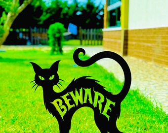 Halloween Metal Yard Sign, Black Cat "BEWARE" Handmade Lawn Decor