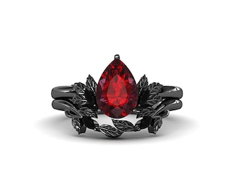 Gothic Pear Garnet Engagement Ring, Black Gold Leaf Bridal Band, Dark Romantic Promise Ring