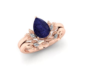 Pear Blue Sandstone Leaf Ring Set: Rose Gold Bridal Band, Nature Inspired Jewelry