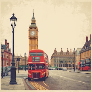 May include: A vintage-style image of London featuring a red double-decker bus on a cobblestone street. The iconic Big Ben clock tower stands tall in the background, with other buildings and street lamps adding to the classic cityscape.