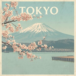 May include: Vintage travel poster featuring the word "TOKYO" in large white letters. The image depicts Mount Fuji with a snow-capped peak, cherry blossoms, and a pier over a lake. The color palette includes shades of blue, pink, and beige.