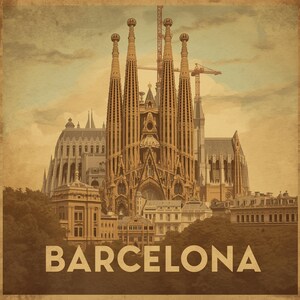 May include: Vintage-style travel poster featuring the Sagrada Família in Barcelona, Spain. The image showcases the cathedral's intricate architecture, with tall spires and detailed facades. The word "BARCELONA" is printed in bold letters at the bottom.