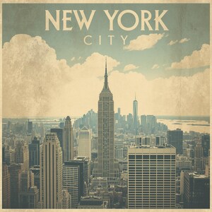 May include: Vintage-style print of the New York City skyline, featuring the Empire State Building prominently. The image has a sepia tone, with the words "NEW YORK CITY" at the top against a light blue sky with clouds.