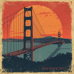 Puede incluir: Póster de estilo vintage con el puente Golden Gate en San Francisco. La ilustración muestra el puente en una paleta de colores retro de naranja, rojo y azul, con un gran sol en el fondo. El texto "SAN FRANCISCO" está en la parte inferior.