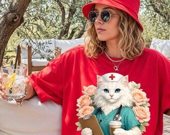 Comfort Colors® Retro Cat Nursing Shirt, Cat Tee, Nurse Graduate Gift, Registered Nurse Top, ICU ER Critical Care Healthcare Worker Shirt