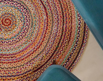 Hand braided Multicolor Round Jute Rug | Handmade Boho Chindi Area  Rug | Recycled Cotton & Natural Fibre rug For Living Room Home Decor