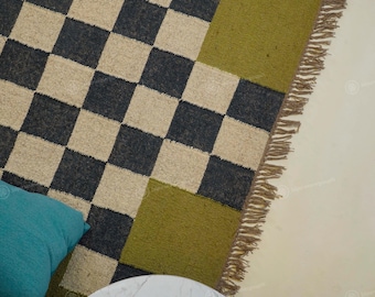 Wool Jute Kilim Rug, Handwoven Indian Multicolor Traditional Vintage jute Dhurrie, green kilim runner carpets for home decor and bedroom