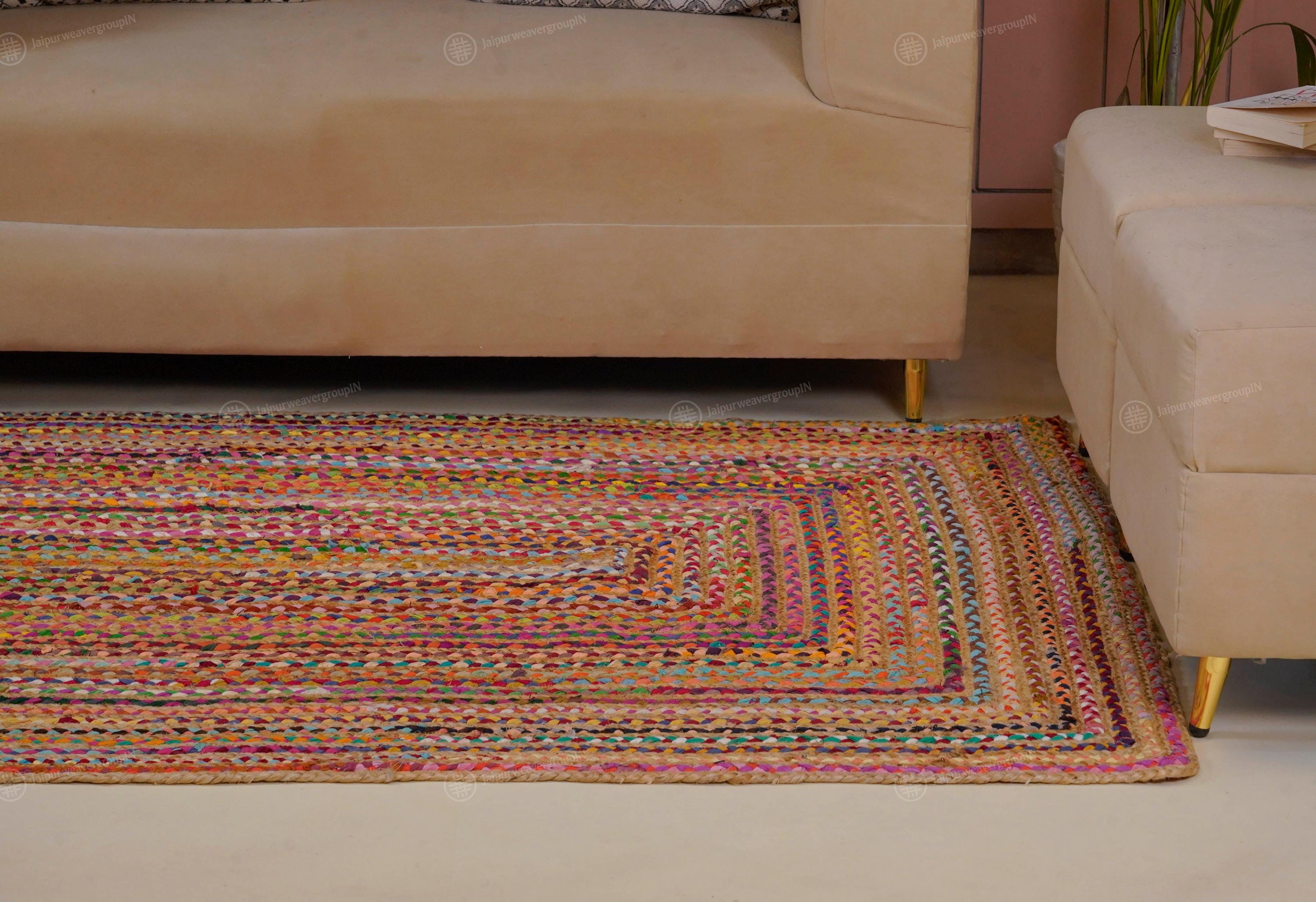 Braided Cotton Jute Rug | Handmade Rainbow Chindi Dhurrei for Living ...