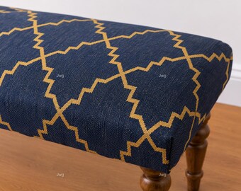 Banco de juta e lã trançada à mão, estilo boho, otomano, estofado, azul, estilo kilim, para entrada ou para o pé da cama no quarto.