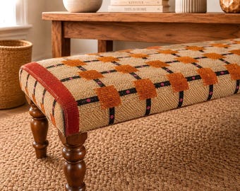 Handmade wool jute kilim bench Bohemian Jute Ottoman Vintage Kilim Upholstered Sheesham Wood bench Bench Piano Bench Hallway Bench