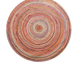 Tapis ronds tressés en coton multicolore de style bohème, tissés à la main, style chindi, pour la décoration intérieure et la salle à manger. Tapis de porte ronds de style bohème vintage.