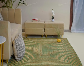 Alfombra de yute Chindi de algodón natural con rayas verdes, estilo tradicional Chindi Dhurrei, alfombra ecológica, alfombras de yute vintage para sala de estar y hogar.