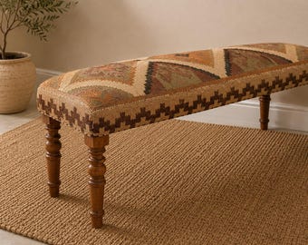 Multicoloured wool jute kilim Bench Vintage Ottoman Bench Upholstered Sheesham Wood Ottoman Rustic Boho Farmhouse Furniture 120cm Bench