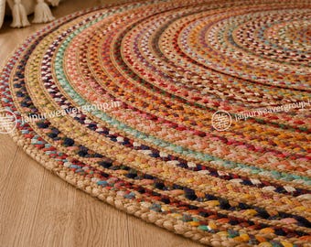 Handmade Round Cotton Braided Chindi Area rugs for living room decor, Boho Vibrant color round cotton carpet, Circle area rug 5ft