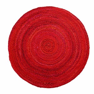 May include: A circular rug featuring a vibrant red color palette with a braided, coiled texture. The design consists of concentric circles radiating from the center, creating a consistent, woven pattern across the entire surface of the round floor covering.