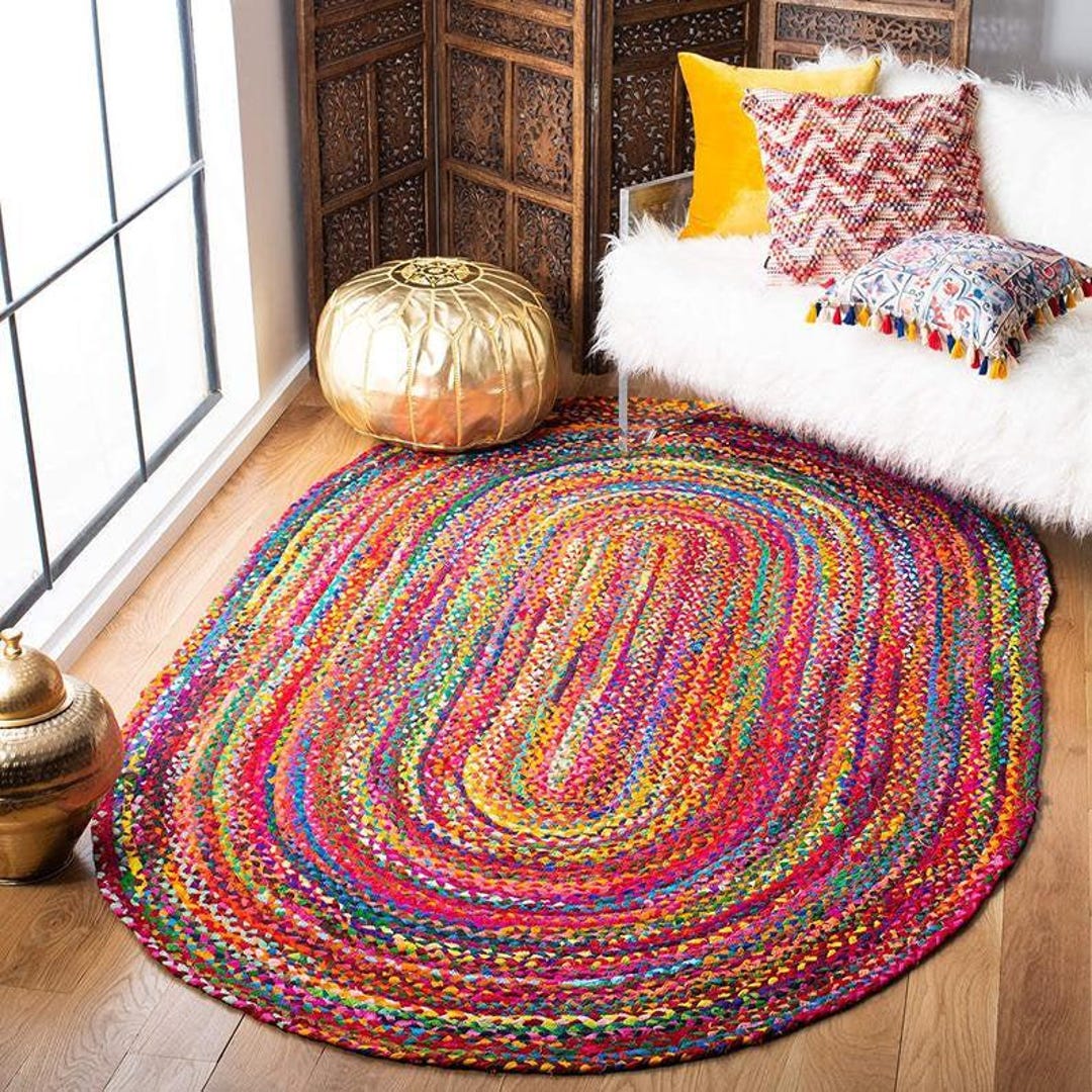 Cotton Chindi Rug: Hand Braided Multicolour Oval Cotton Dhurrei, Home ...