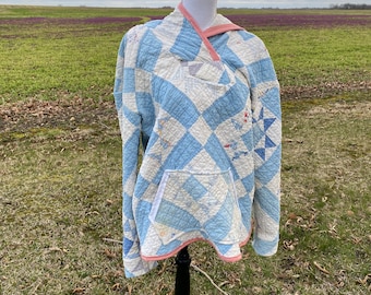 Vintage quilt hoodie coat hoodies blue pocket antique quilts