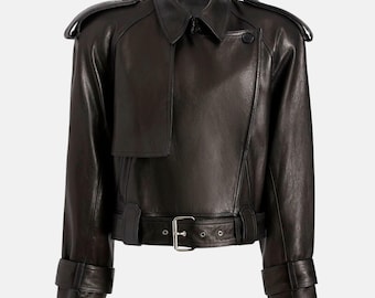 レディース クロップド ブラック レザージャケット - ボタン