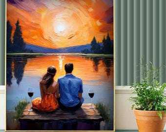 Romantic Sunset Couple Painting | Impressionist Wall Art | Lake View Love Decor | Digital Download