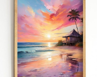 トロピカルビーチの夕日を描いたウォールアート（印刷可能）、海岸の海の絵、夏のビーチデコレーション、パステルカラーの海景アート