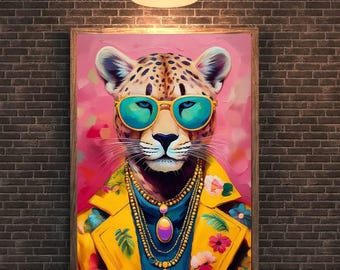 Stijlvolle afdrukbare muurkunst luipaardportret | Kleurrijke dierenkunst (digitale download)